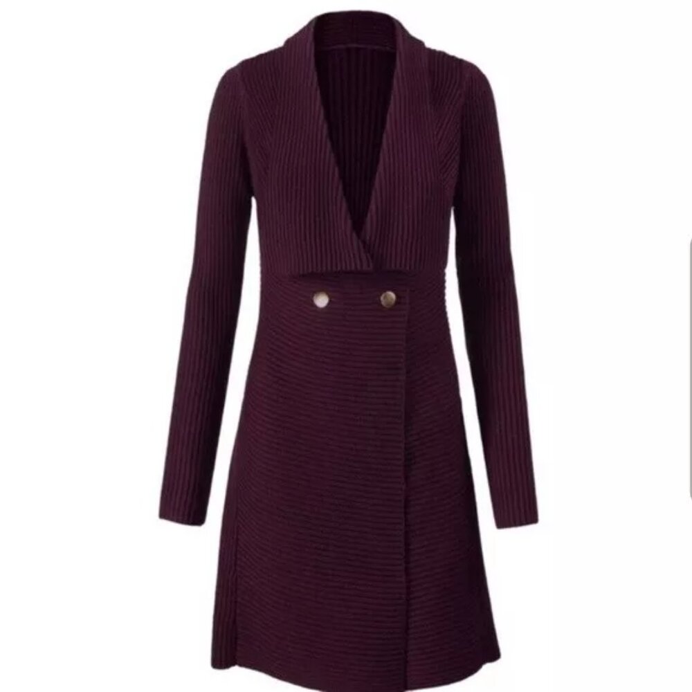 CAbi Regal Longline Double Breasted Duster Cardigan Sweater Mulberry SM